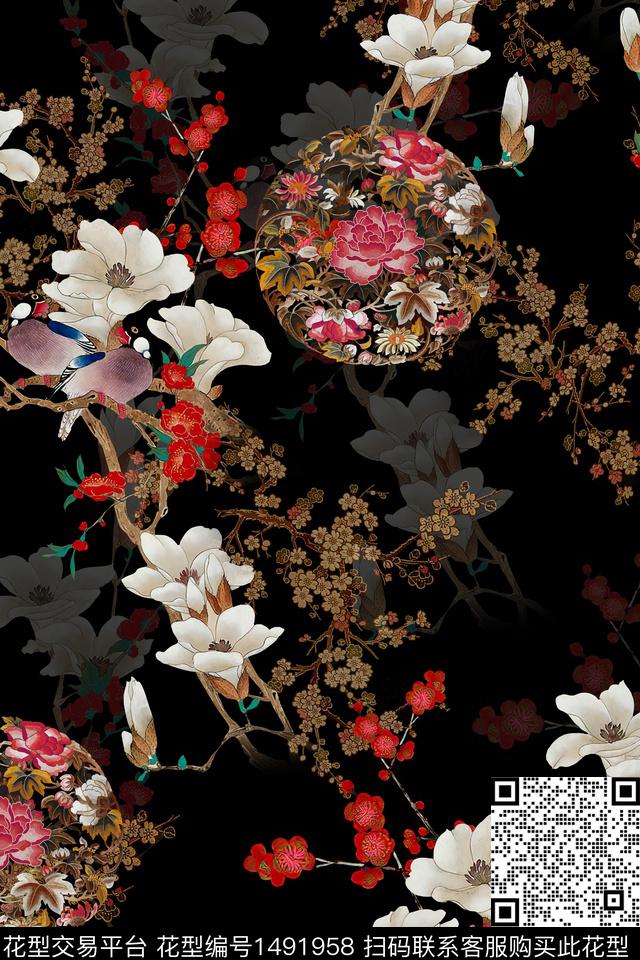 花卉香云纱中国风数码印花华亿平台下载（图片编号: 1491958） - 瓦栏（Walan）