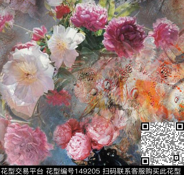 油画花卉笔触肌理背景花瓶数码印花华亿平台下载（图片编号: 149205） - 瓦栏（Walan）