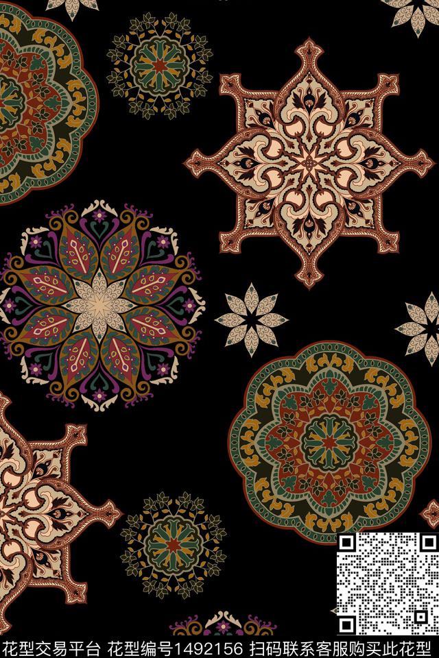 几何黑底花卉民族风数码印花华亿平台下载（图片编号: 1492156） - 瓦栏（Walan）