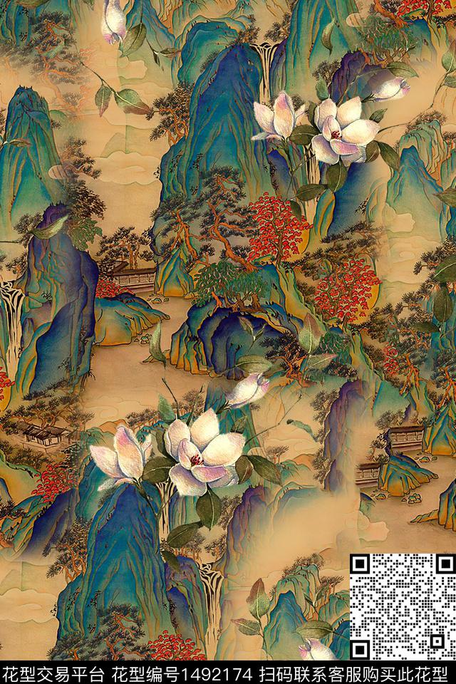花卉香云纱中国风数码印花华亿平台下载（图片编号: 1492174） - 瓦栏（Walan）