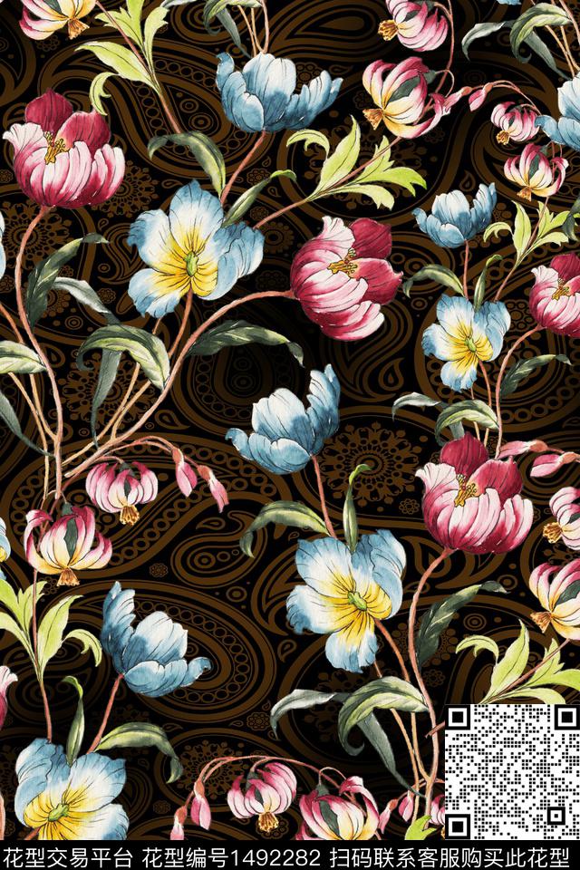 绿植树叶黑底花卉抽象花卉数码印花华亿平台下载（图片编号: 1492282） - 瓦栏（Walan）