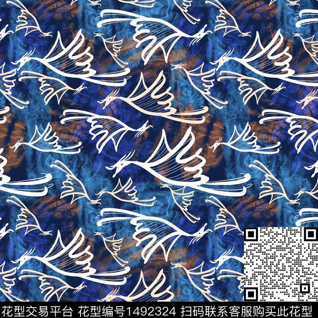 鸟手绘飞翔传统印花华亿平台下载（图片编号: 1492324） - 瓦栏（Walan）