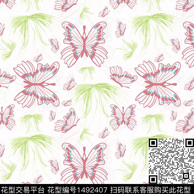 花卉蝴蝶手绘趣味传统印花华亿平台下载（图片编号: 1492407） - 瓦栏（Walan）