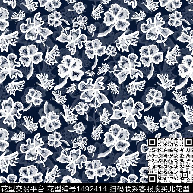 花卉蝴蝶花卉手绘传统印花华亿平台下载（图片编号: 1492414） - 瓦栏（Walan）