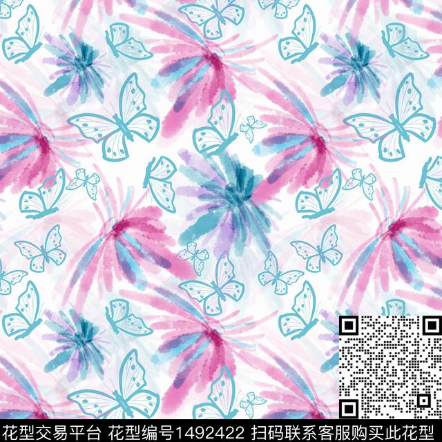 花卉蝴蝶手绘趣味数码印花华亿平台下载（图片编号: 1492422） - 瓦栏（Walan）