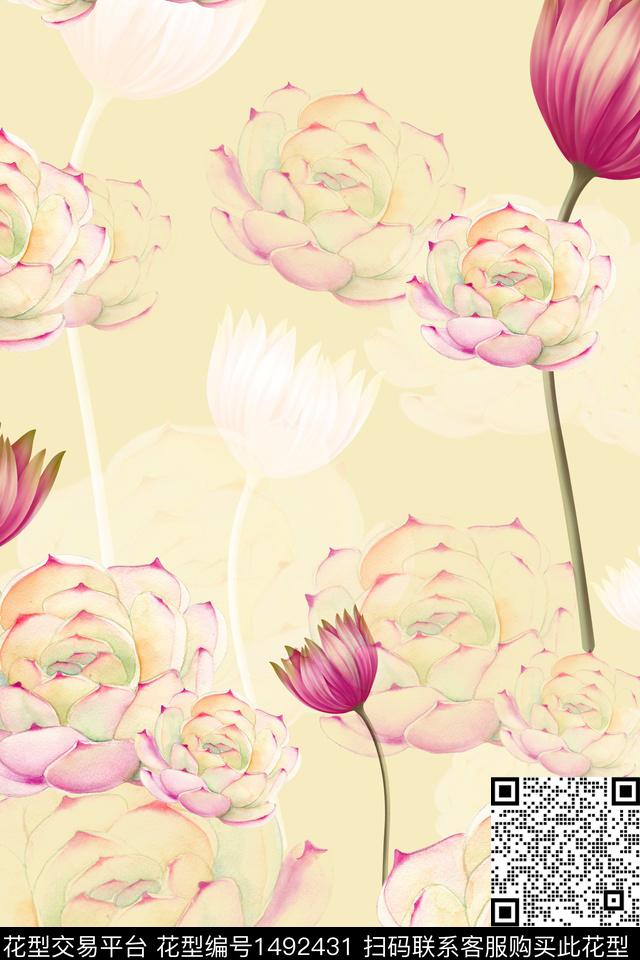 花卉香云纱真丝数码印花华亿平台下载（图片编号: 1492431） - 瓦栏（Walan）