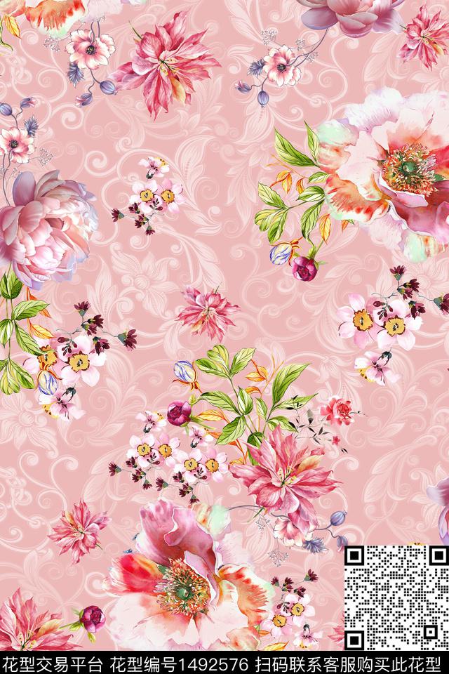 花卉大牌风香云纱数码印花华亿平台下载（图片编号: 1492576） - 瓦栏（Walan）