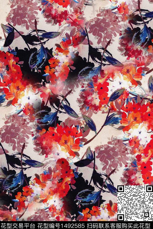 水彩绿植树叶炫彩数码印花华亿平台下载（图片编号: 1492585） - 瓦栏（Walan）