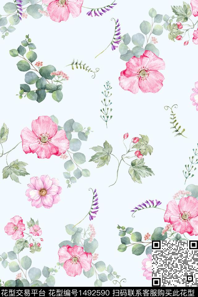 水彩绿植树叶民族花卉数码印花华亿平台下载（图片编号: 1492590） - 瓦栏（Walan）