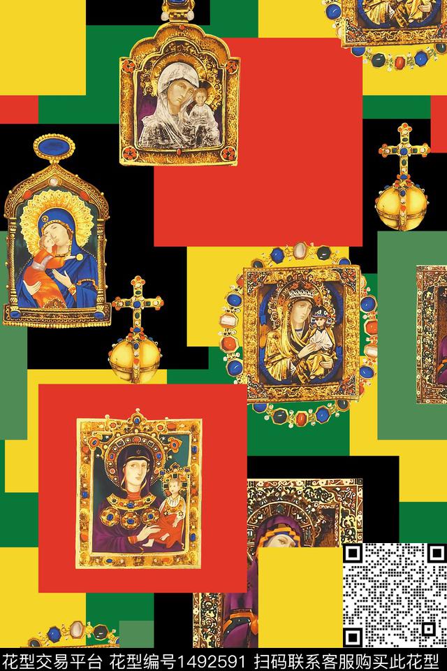 水彩几何民族花卉数码印花华亿平台下载（图片编号: 1492591） - 瓦栏（Walan）