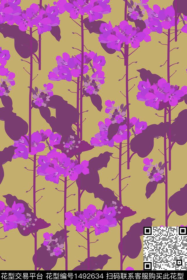 绿植树叶黄花花卉数码印花华亿平台下载（图片编号: 1492634） - 瓦栏（Walan）