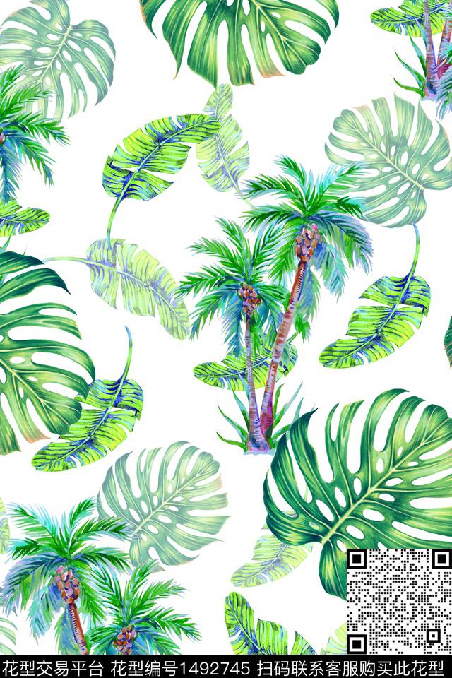 绿植树叶水彩雪纺数码印花华亿平台下载（图片编号: 1492745） - 瓦栏（Walan）