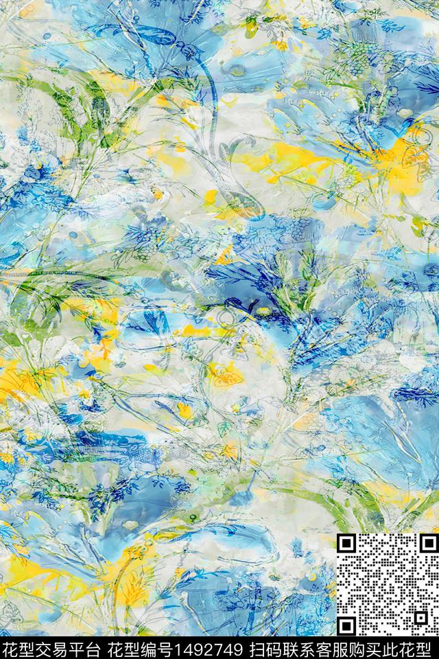 绿植树叶水彩肌理数码印花华亿平台下载（图片编号: 1492749） - 瓦栏（Walan）