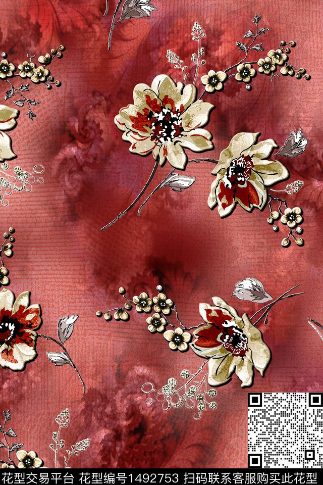花卉抽象大花数码印花华亿平台下载（图片编号: 1492753） - 瓦栏（Walan）