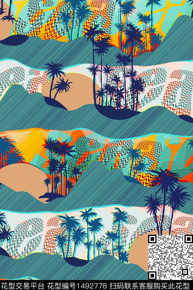 椰子树字母热带华亿平台数码印花华亿平台下载（图片编号: 1492778） - 瓦栏（Walan）