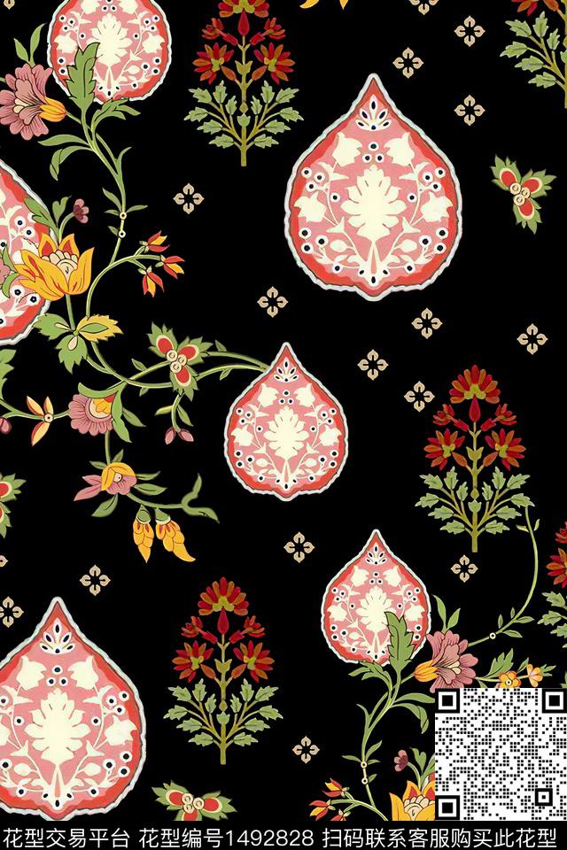 黑底花卉绿植树叶水彩数码印花华亿平台下载（图片编号: 1492828） - 瓦栏（Walan）