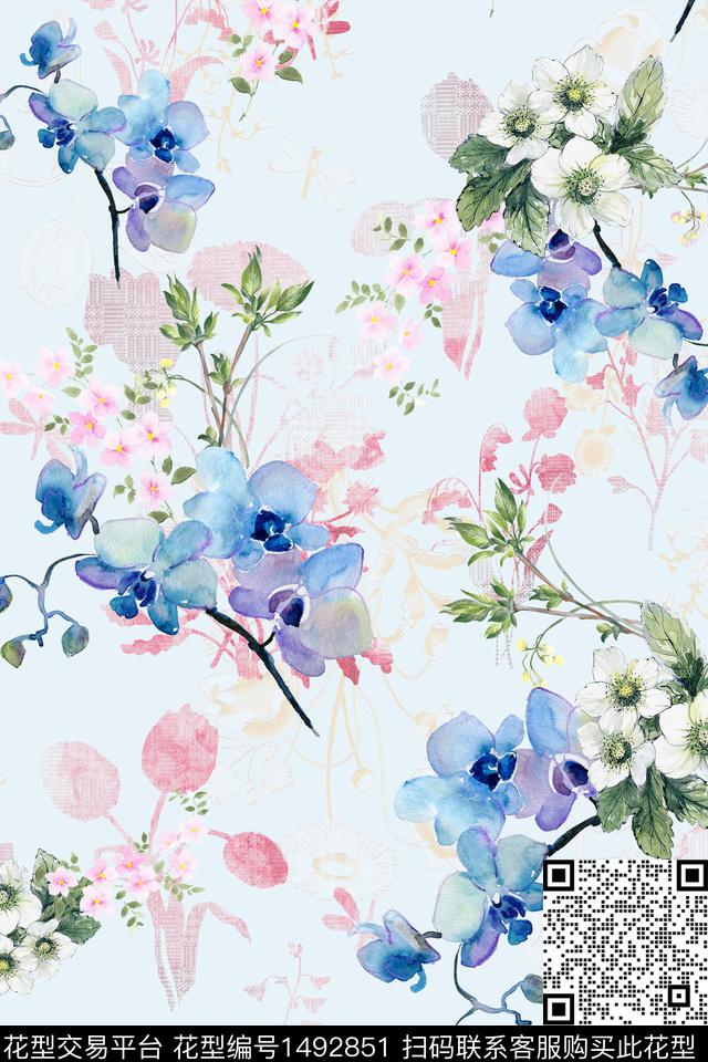 花卉大牌风手绘数码印花华亿平台下载（图片编号: 1492851） - 瓦栏（Walan）