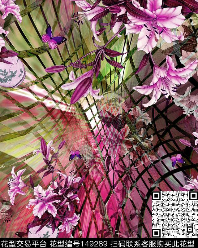 花瓶百合蝴蝶线条数码印花华亿平台下载（图片编号: 149289） - 瓦栏（Walan）