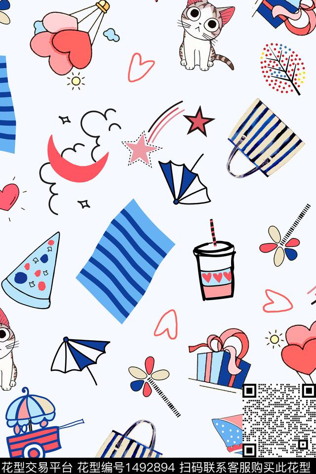 趣味卡通手绘动物年轻女性数码印花华亿平台下载（图片编号: 1492894） - 瓦栏（Walan）