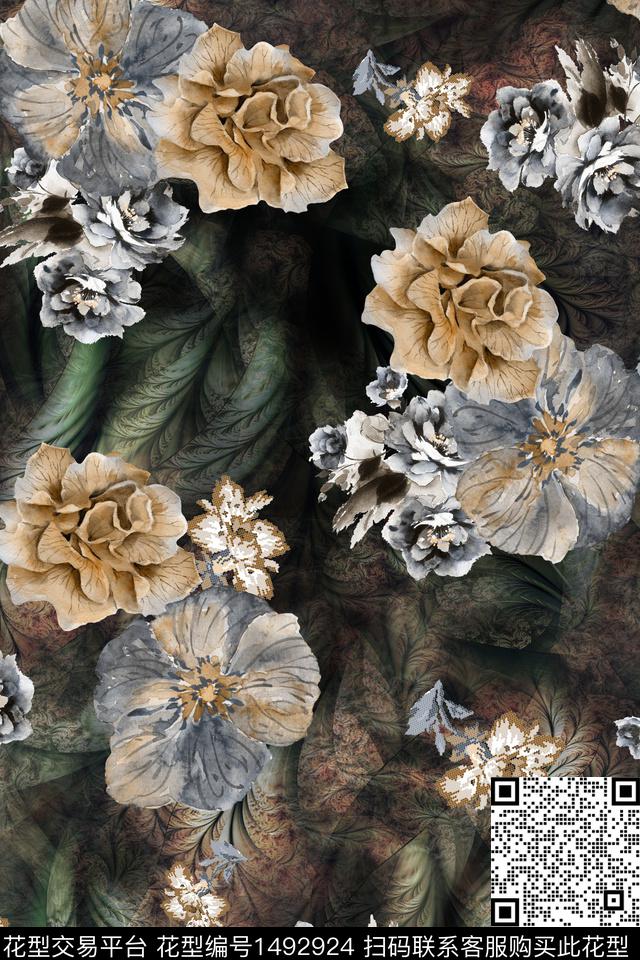 花卉香云纱真丝数码印花华亿平台下载（图片编号: 1492924） - 瓦栏（Walan）