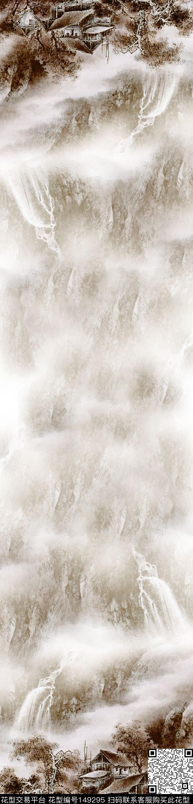 山水水墨中国风数码印花华亿平台下载（图片编号: 149295） - 瓦栏（Walan）