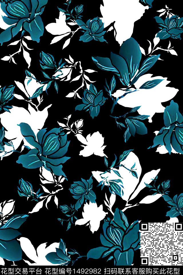 黑底花卉绿植树叶水彩数码印花华亿平台下载（图片编号: 1492982） - 瓦栏（Walan）