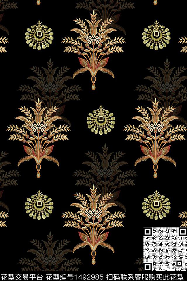 黑底花卉水彩传统纹样数码印花华亿平台下载（图片编号: 1492985） - 瓦栏（Walan）