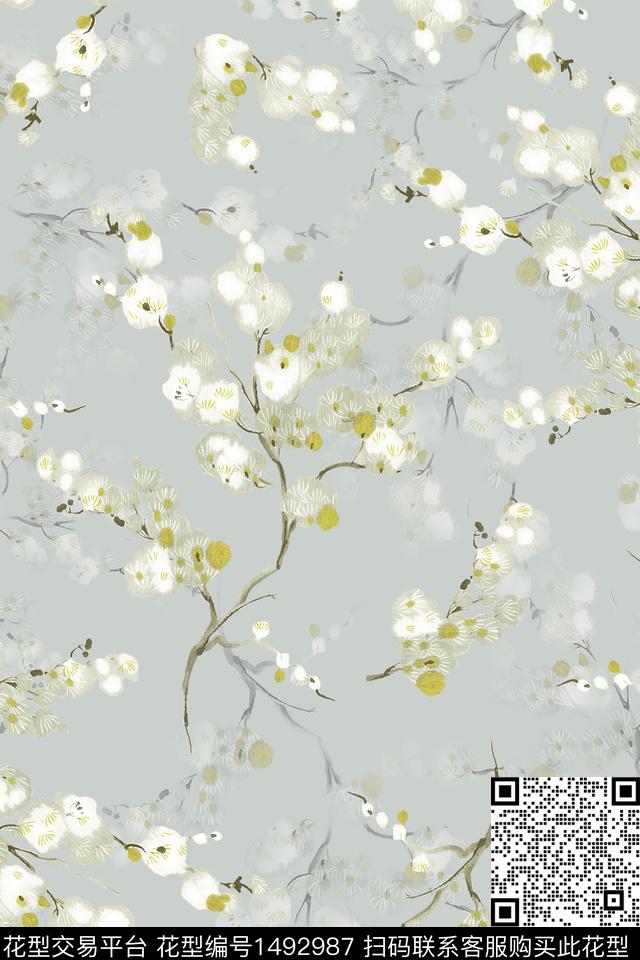 绿植树叶水彩雪纺数码印花华亿平台下载（图片编号: 1492987） - 瓦栏（Walan）