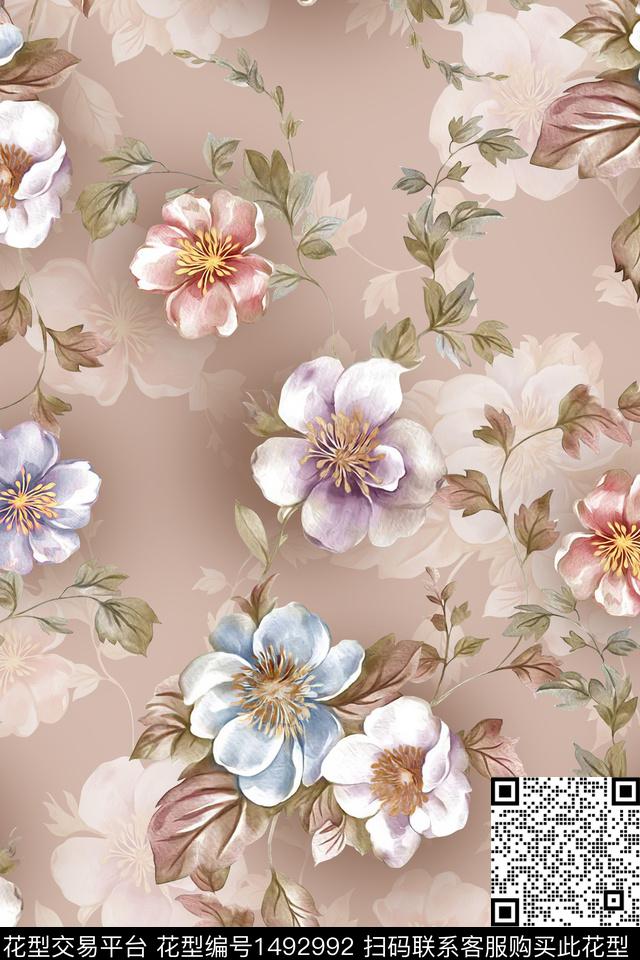 花卉大牌风香云纱数码印花华亿平台下载（图片编号: 1492992） - 瓦栏（Walan）