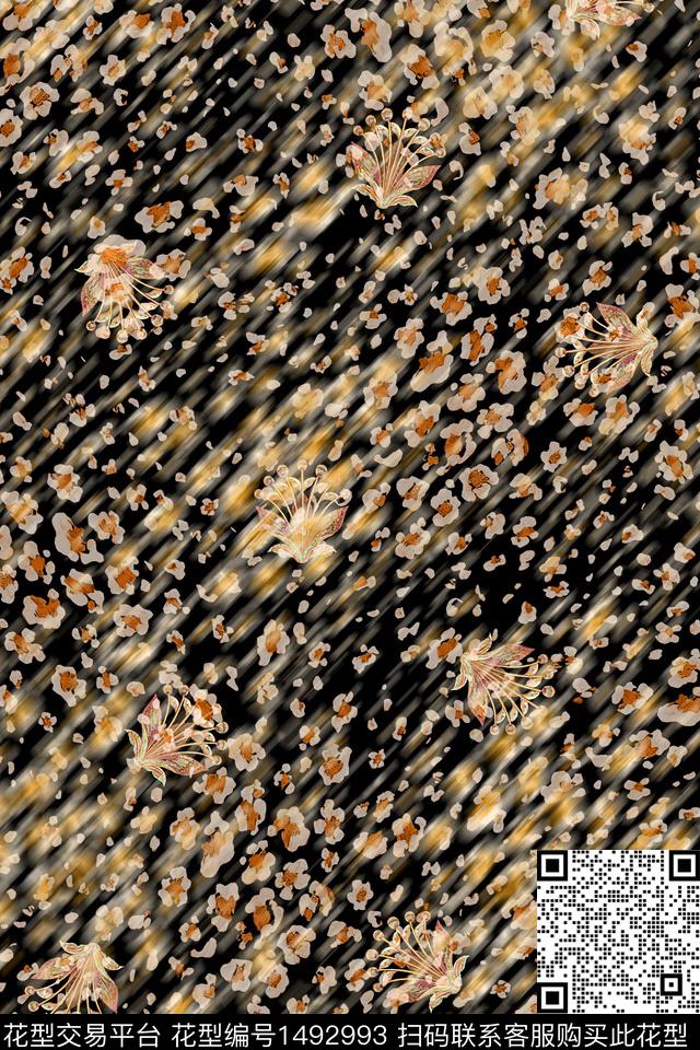 黑底花卉肌理抽象花卉数码印花华亿平台下载（图片编号: 1492993） - 瓦栏（Walan）