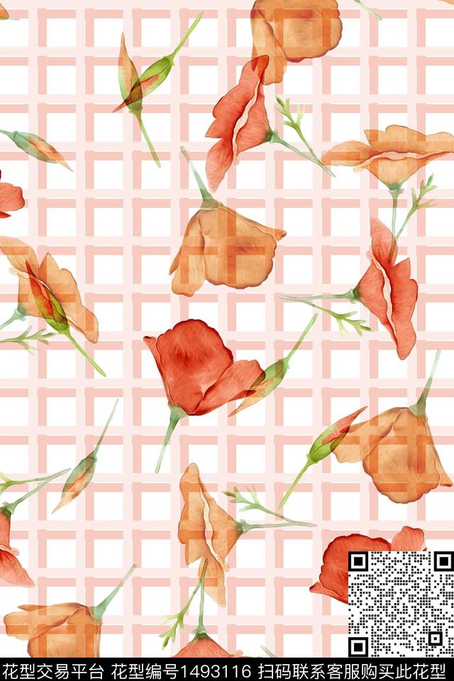 格子花卉小清新数码印花华亿平台下载（图片编号: 1493116） - 瓦栏（Walan）