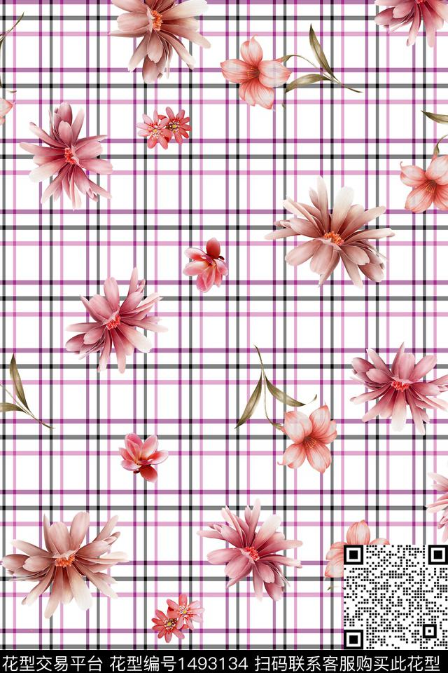 格子花卉真丝数码印花华亿平台下载（图片编号: 1493134） - 瓦栏（Walan）
