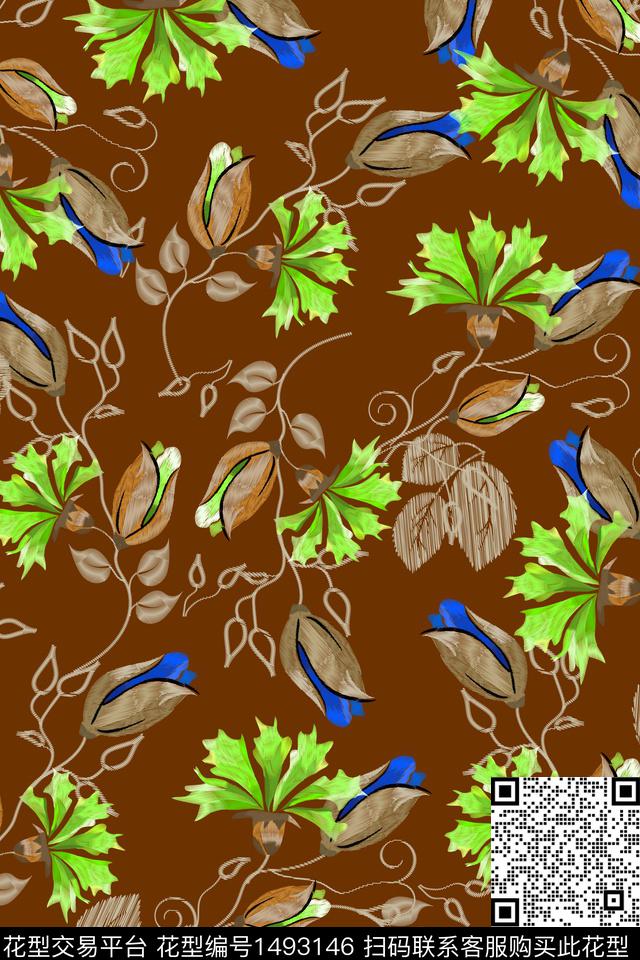 绿植树叶花卉大牌风数码印花华亿平台下载（图片编号: 1493146） - 瓦栏（Walan）