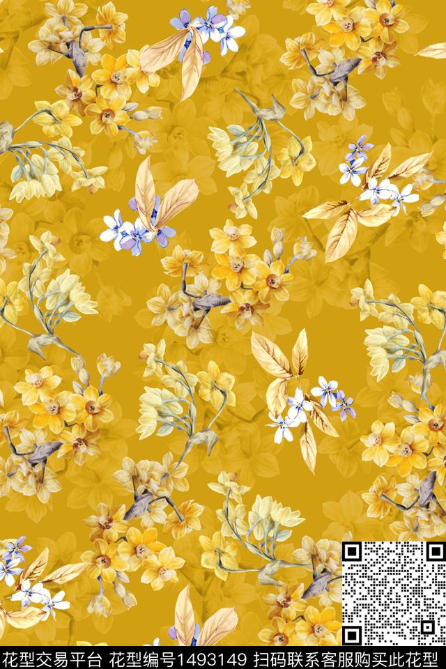 黄花花卉数码印花华亿平台下载（图片编号: 1493149） - 瓦栏（Walan）
