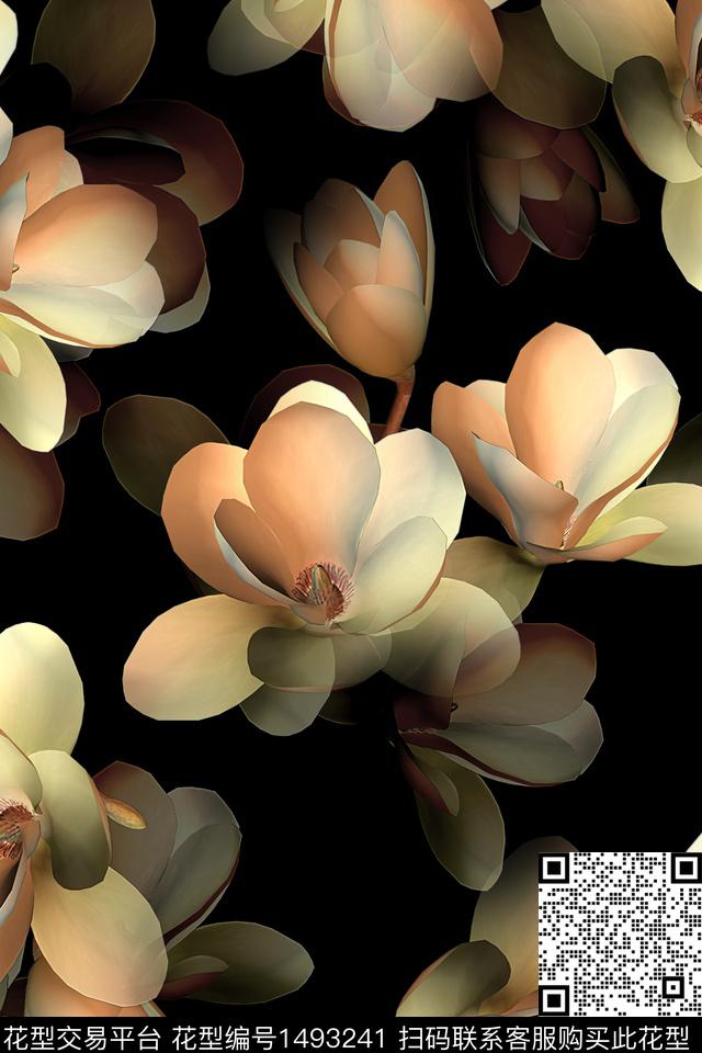 黑底花卉花卉大牌风数码印花华亿平台下载（图片编号: 1493241） - 瓦栏（Walan）