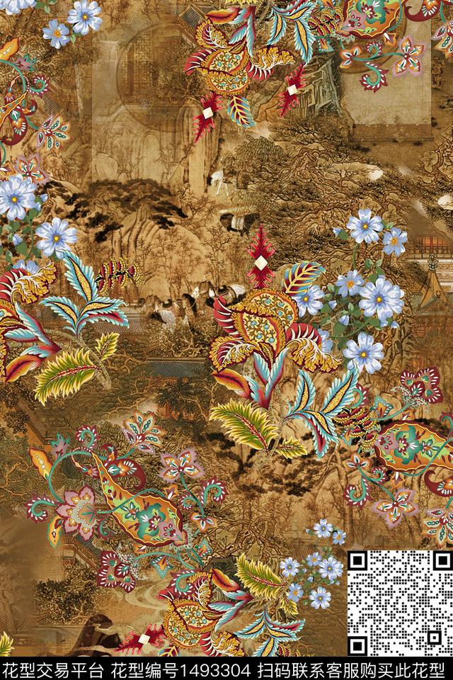 花卉香云纱中国风数码印花华亿平台下载（图片编号: 1493304） - 瓦栏（Walan）