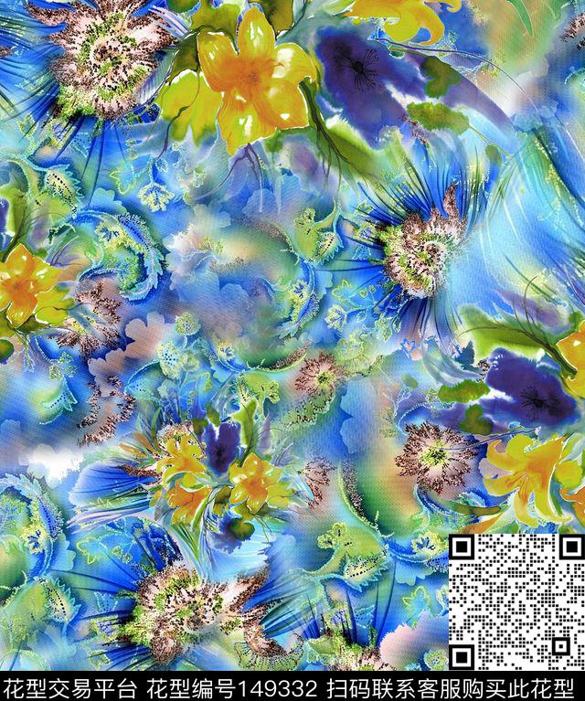 水彩花卉抽象背景写意风格数码印花华亿平台下载（图片编号: 149332） - 瓦栏（Walan）