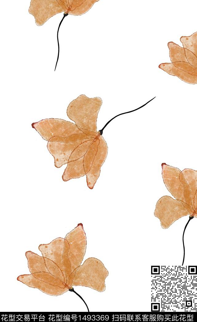 水彩橙色花卉数码印花华亿平台下载（图片编号: 1493369） - 瓦栏（Walan）