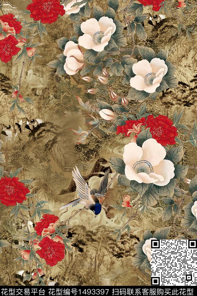 花卉香云纱中国风数码印花华亿平台下载（图片编号: 1493397） - 瓦栏（Walan）