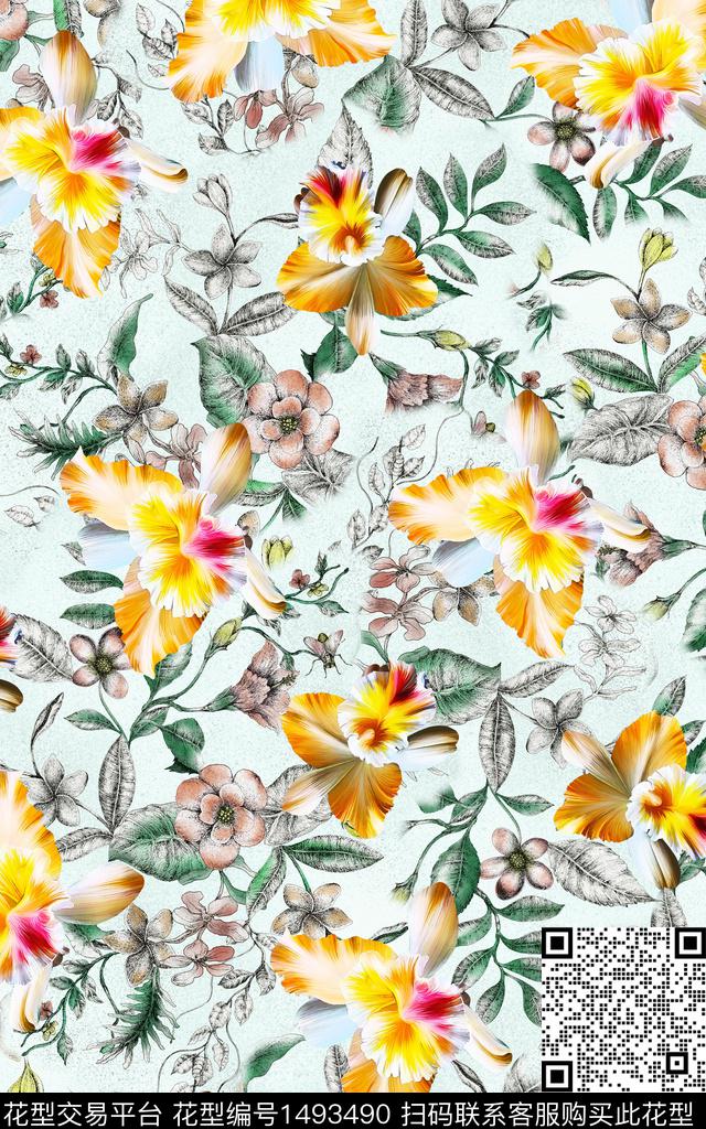 花卉年轻女性真丝数码印花华亿平台下载（图片编号: 1493490） - 瓦栏（Walan）