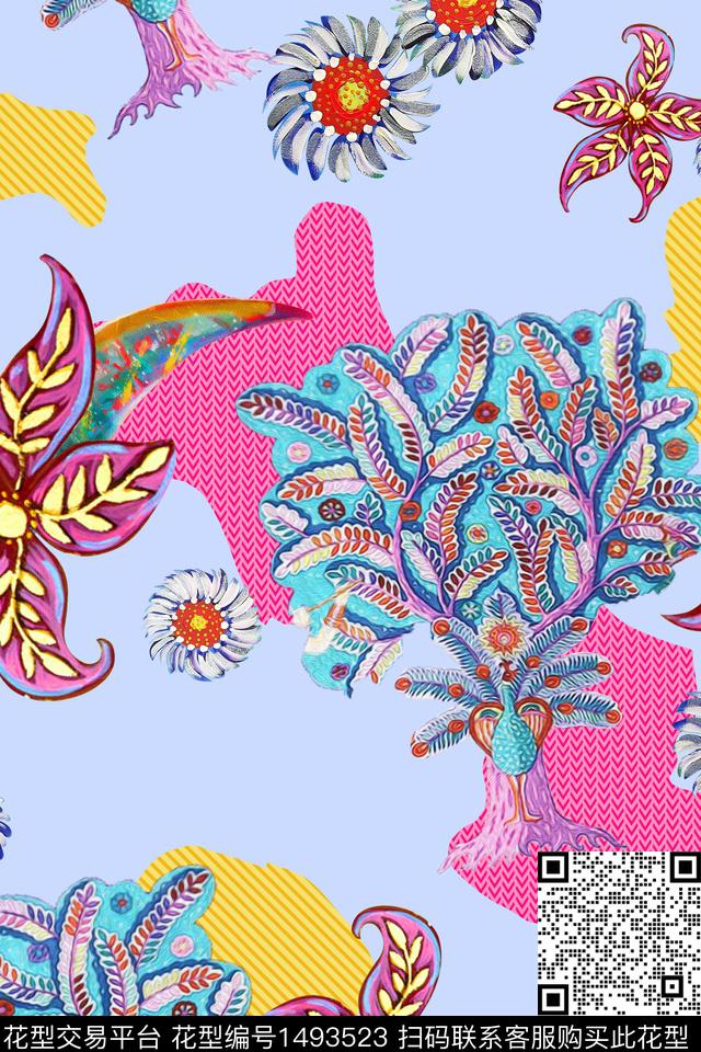 热带外贸花中东巴西植物大树叶花卉数码印花华亿平台下载（图片编号: 1493523） - 瓦栏（Walan）