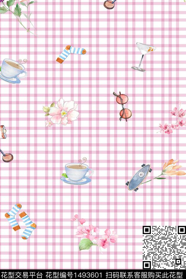 格子花卉小清新数码印花华亿平台下载（图片编号: 1493601） - 瓦栏（Walan）