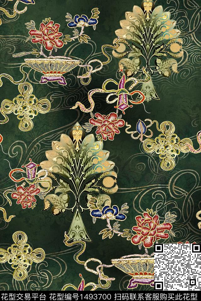 香云纱旗袍吉祥图案数码印花华亿平台下载（图片编号: 1493700） - 瓦栏（Walan）