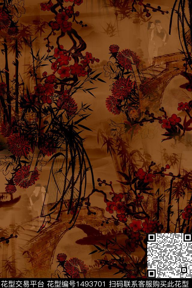 香云纱旗袍吉祥图案数码印花华亿平台下载（图片编号: 1493701） - 瓦栏（Walan）