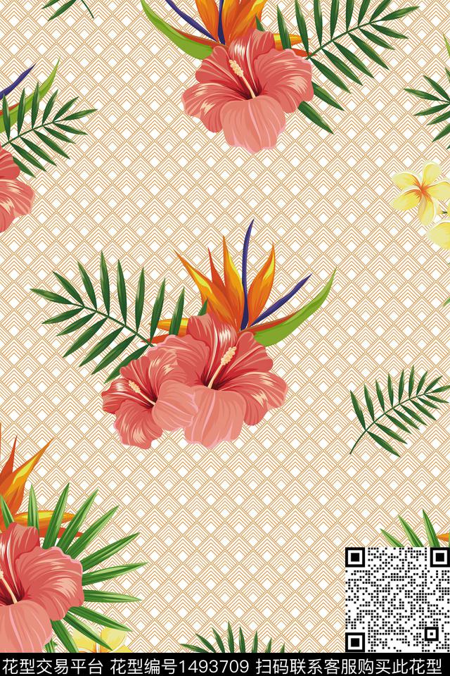 几何橙色花卉数码印花华亿平台下载（图片编号: 1493709） - 瓦栏（Walan）