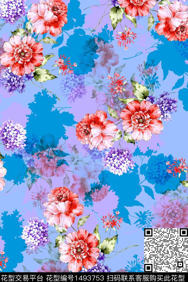 花卉大牌风手绘数码印花华亿平台下载（图片编号: 1493753） - 瓦栏（Walan）