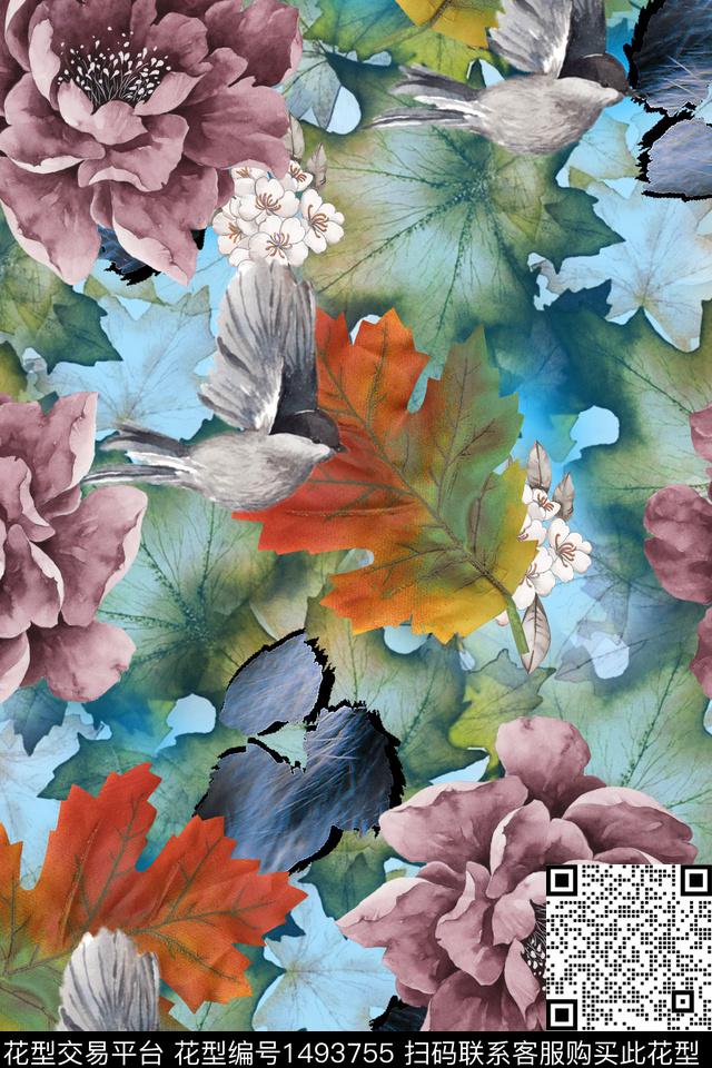 花卉大牌风手绘数码印花华亿平台下载（图片编号: 1493755） - 瓦栏（Walan）