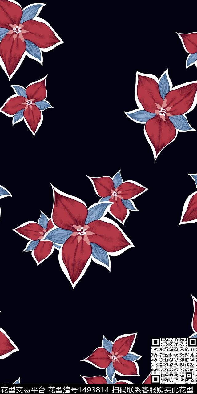 春夏华亿平台大牌风线条花卉传统印花华亿平台下载（图片编号: 1493814） - 瓦栏（Walan）