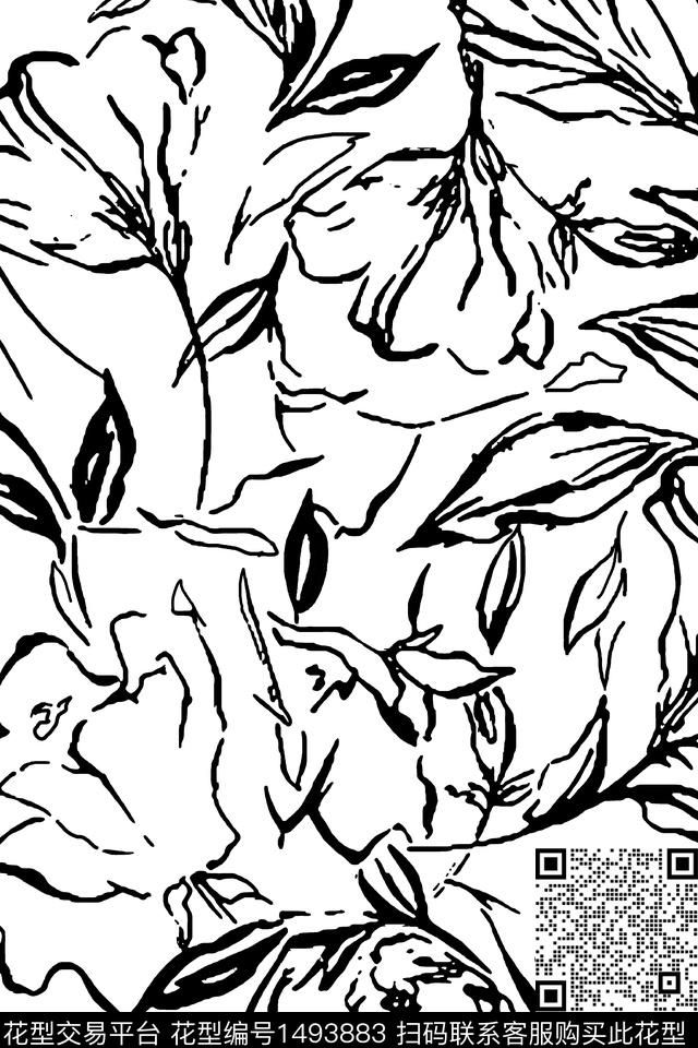 线条黑白华亿平台花卉传统印花华亿平台下载（图片编号: 1493883） - 瓦栏（Walan）