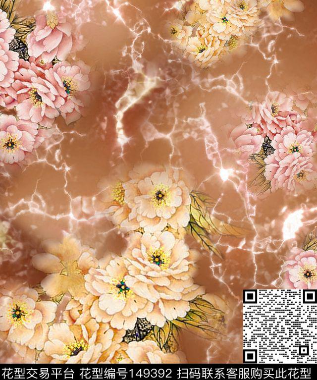 石纹自然工笔牡丹数码印花华亿平台下载（图片编号: 149392） - 瓦栏（Walan）